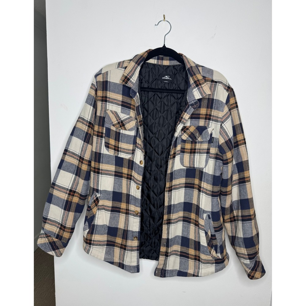 O'Neill Mens Plaid Quilted Flannel Shirt Jacket Blue Tan Medium